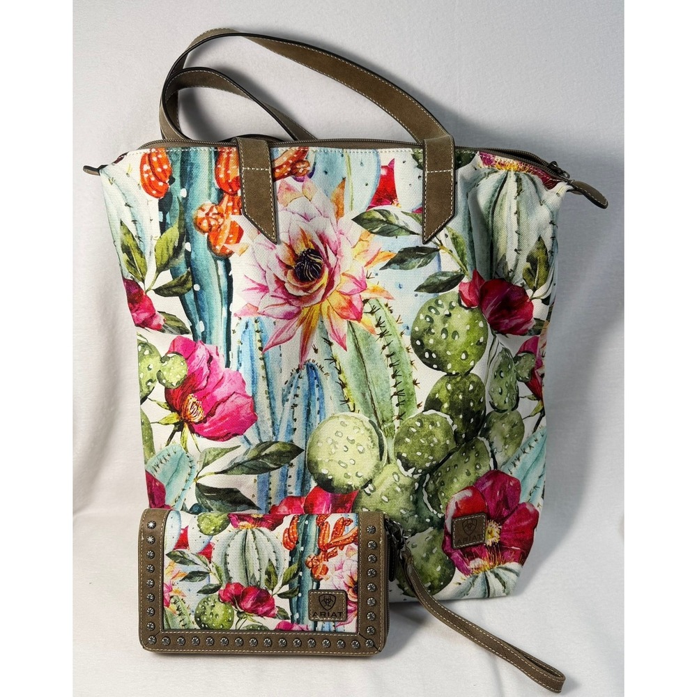 Ariat Tote Bag and Matching Wallet Set Watercolor Cactus Floral Print Western